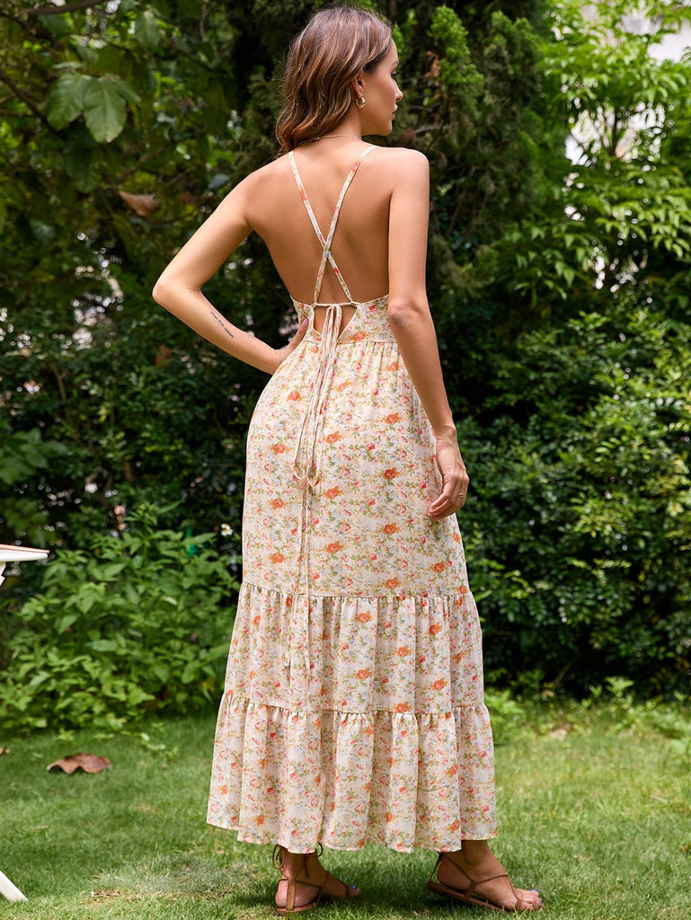Supernfb Sexy Deep V Neck Backless Sleeveless Long Strap Dresses Women Robe Vintage Floral Print Summer Dress Boho Beach Vestidos