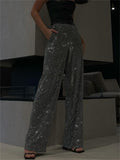 Supernfb New Women's Fashion Sparkly Pants Evening Club Luxury Straight Leg Trousers Partywear High waist Sequined Glitter Pants