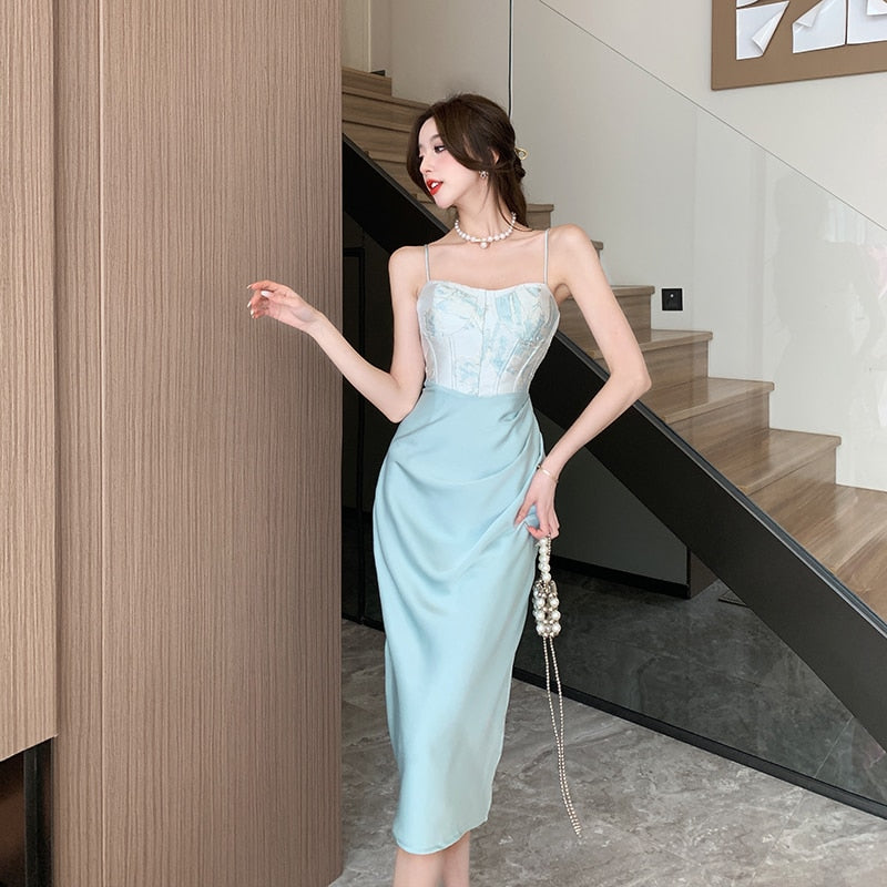 Sexy Backless Midi Dresses for Women Summer Elegant Party Prom Suspender Female Clothes Vestidos Satin Embroidery Evening Dress