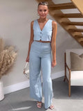 Supernfb Two Piece Set Women Clothing  Cropped Waistcoat And High Waist Full Length Pants Sets Casual Faux Linen Sets Womens Outfits