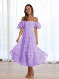 Supernfb Elegant Solid Color One-shoulder Bubble Sleeve Tie Waist Dress Women  Summer Beach Wear Sexy Hollow Out Maxi Dresses A2654