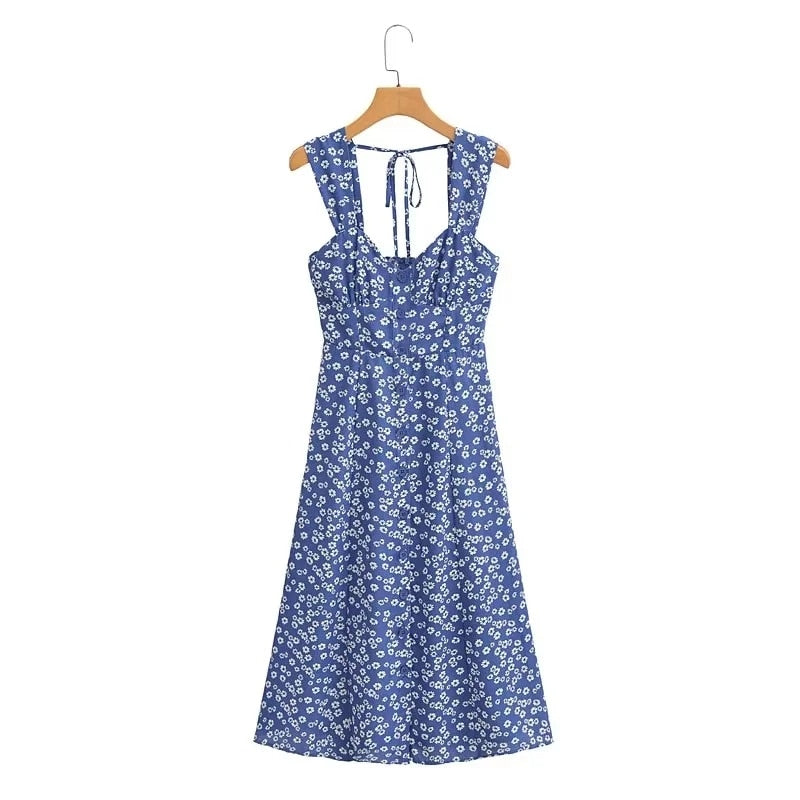 Supernfb Store Traf Retro Blue Floral Print Summer Tank Vestidos Clothing Buttons Traf Womens Dresses Official Back Tie Midi Dress
