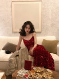 Supernfb Maxi Long Sequin Dress Sexy Red Glitter Bodycon Wedding Guest Birthday Party Dresses Elegant Occasion Dress for Women