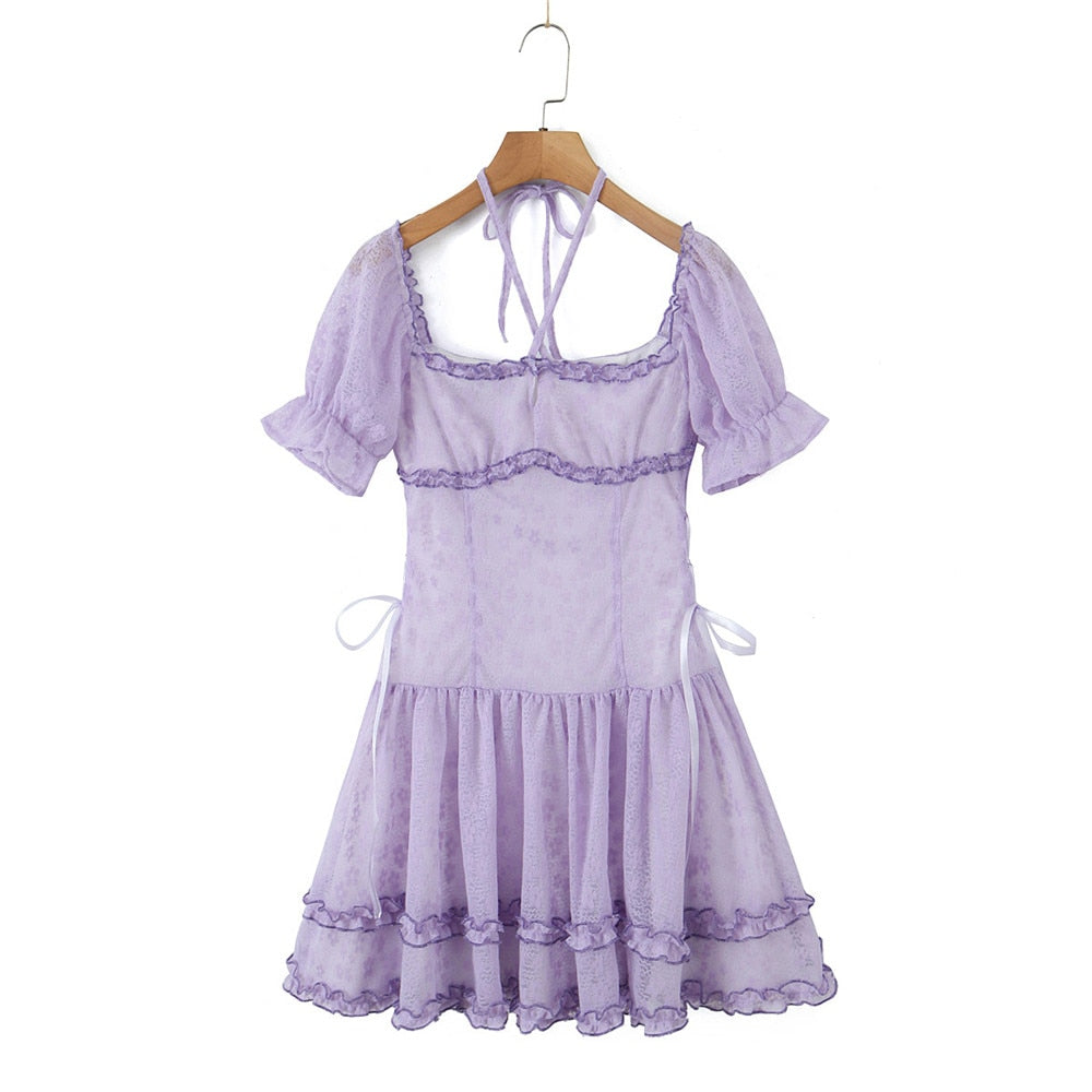 High Quality Women Short Sleeve Halter Ruffled Solid Color Lace A-line Dress