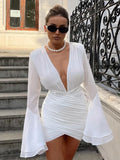 Supernfb White V-Neck Mini Bodycon Dress For Women Clothing Flare Sleeve Vestidos Elegantes Para Mujer Slim High Waist Fashion Outfits