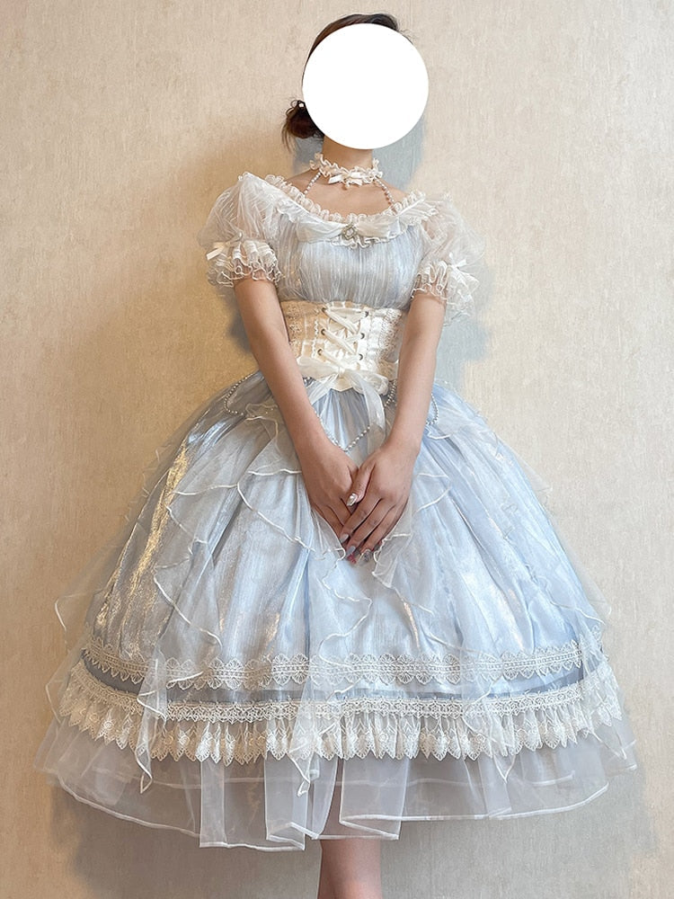 Tavmart Princess Wedding Tea Party Lolita Op Elegant Sweet Girl Dress Lace Bubble Short Sleeve Op Light Blue Spring Autumn