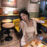 Supernfb Women Summer Korean Handmade Bowknot Bright Diamond Apricot Fairy Dress Soild Sleevess High Waist New Party Elegant A-line Dress