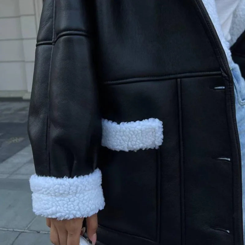 Supernfb Plush Leather Jackets Female Autumn Winter Fashion Korean Elegant Version Lapel Long Sleeved Patchwork Jacket Overcoat Tops