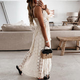 Supernfb Summer Off Shoulder Lace Maxi Dress For Women Boho V Neck Spaghetti Strap Dress Casual Patchwork Holiday Beach Long Dress