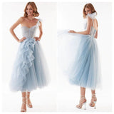Supernfb Tavimart Blue Ruffles Tulle Midi Prom Dresses Sweetheart One Shoulder Tea-Length Wedding Party Gowns Short A-Line Formal Gowns