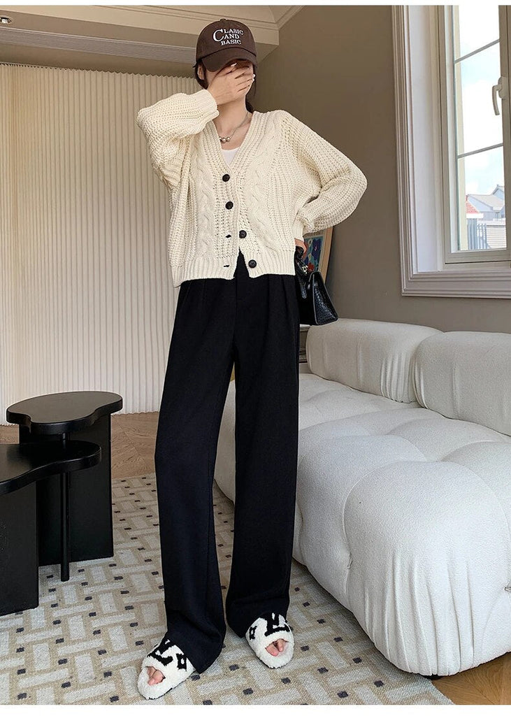 Supernfb Autumn Winter Women's Wide Legged Pants New Solid Buttons Elegant High Waist Casual Loose Lady Trousers Female