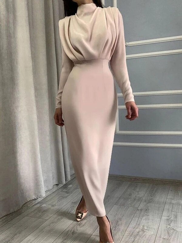 Supernfb Autumn New Fashion High Waist Dress Solid Color Round Neck Long Sleeves Elegant Evening Party Dresses for Women