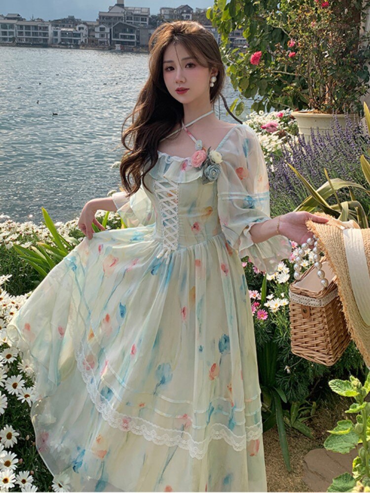 Supernfb Summer Woman Floral Chiffon Fairy Dress French Style Vintage Evening Party Vestidos Female Long Sleeve Beach Midi Boho Dresses