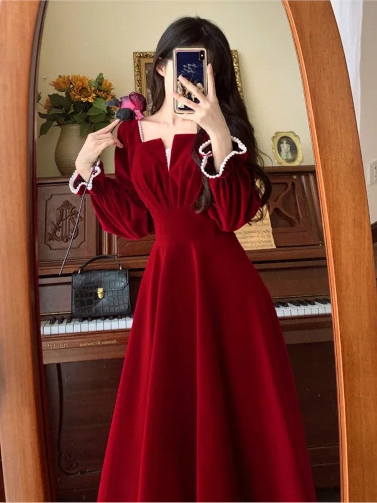 Supernfb Women Elegant Red Christmes Long Sleeve Party Dress Square Collar A-ling Ruffle Birthday Paty Long Dress Fashion Velvet Dress