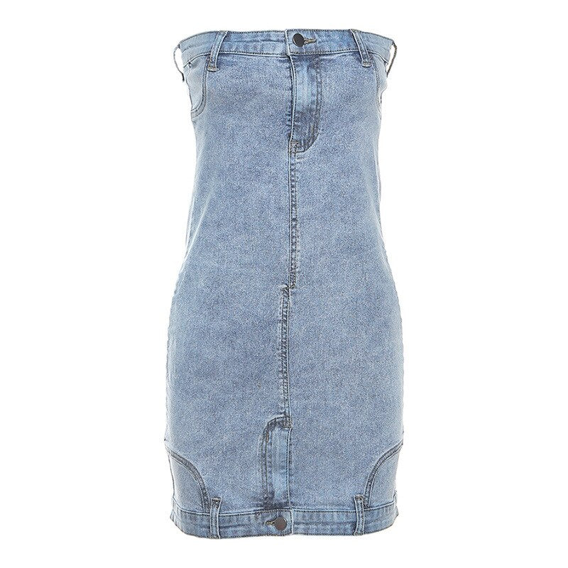 Supernfb Zipper Button Fly Strapless Jeans Dress Women Sexy Wrap Chest Sleeveless Backless Slim Denim Mini Casual Dresses Clubwear Outfit