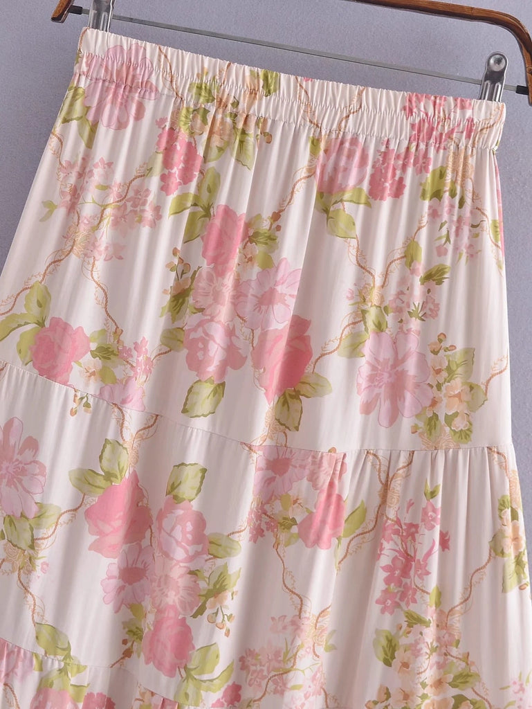 Supernfb Indie Folk Bohemian Vintage Floral Print Camisole Tanl And High Waist Midi SkirtsTops Sets Women