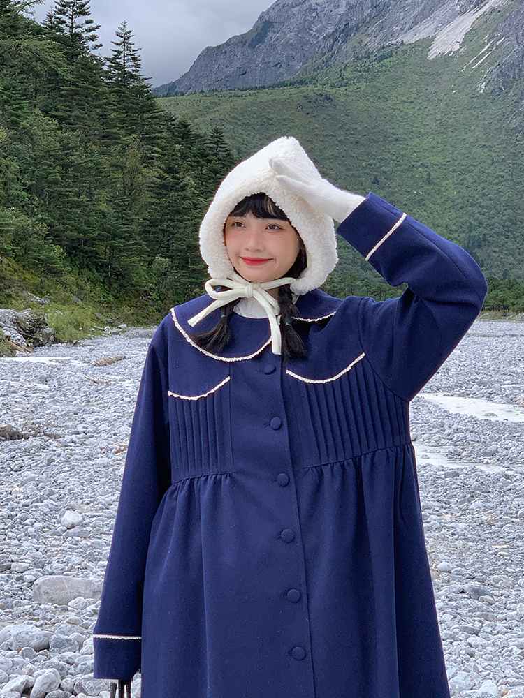 Supernfb Winter Warm Blue Sweet Coat Women Japanese Lace Loose Cute Wool Jacket Female High-waisted Kawaii Casual Korean Overcoat