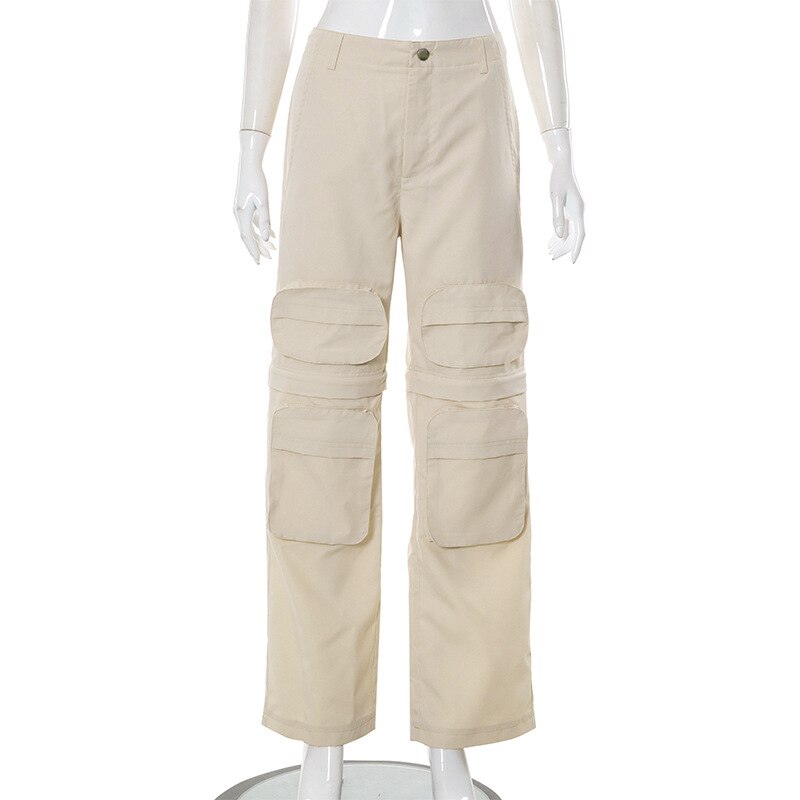 supernfb Autumn Solid Cargo Pants for Women Multi Pockets Detachable Trouser Legs Button Fly High Waist Casual Streetwear Bottoms