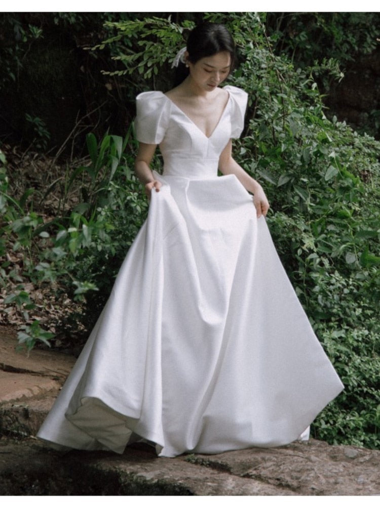 Supernfb Tavimart women white v-neck simple high waist wedding dress female satin puff sleeve elegant prom dress Bridal Gowns Train Vestidos
