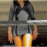Supernfb Sporty Stripe Long Sleeve Mini Dress Women Zipper Pullover Bodycon Dresses Female Fashion Casual Basic Slim Dresses