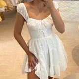 Supernfb Jacquard Floral White A-line Dress French Style Beach Holiday 90s Vintage Fairy Y2K Tie Up Mini Dress Women