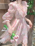 Supernfb Vintage Floral Fairy Dress Women Ruffles V Neck Elegant Korean Mini Dress Female Summer Casual Sweet Chiffon Princess Dress