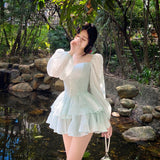 Supernfb Korean Style Sweet Party Mini Dress Women Green Chiffon France Elegant Dress Female Bubble Sleeve White Casual Fairy Dress
