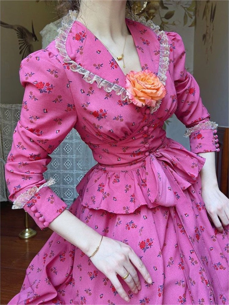 Supernfb Vintage Princess Pink Flower Long Dress Evening Gowns Spring Wedding Party Dresses Long Sleeve Print Floral Female Vestidos