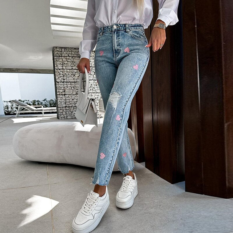supernfb Spring Summer Casual Ripped Hole Straight Trousers Street Fashion Star Print Washing Jeans Vintage High Waist Women Denim Pants