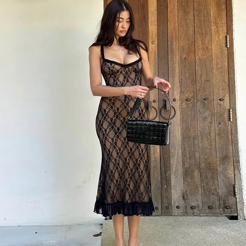 Supernfb Vintage Black Lace Mini Dress For Women Elegant Flared Sleeveless A Line Dresses Chic Prom Party Evening Long Gown