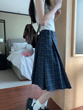 Supernfb Korean style Preppy Fashion Vintage Plaid Summer Women Midi Skirt High Waist Pleated A-line Temperament Loose Y2K Skirt