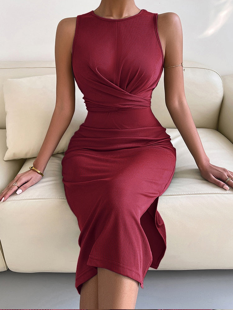 Supernfb Summer Women's Tight Mid-Length Dress Knitted Women's Clothes Waisted Office Dress Elegant Slit Party Mid-Length Dresses