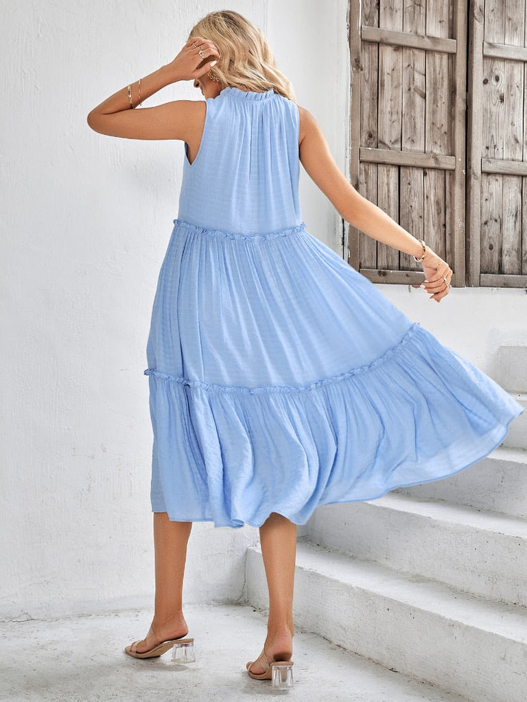 Supernfb Elegant Women Summer Dresses for Female New Casual Loose Dress with Lace-up V-neck Sleeveless A-line Midi Dress