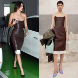 Supernfb Women's PU Faux Leather Sleeveless Bodycon Midi Dresses, Sexy Clothes, Backless Tube, Side Slit, Club Party Streetwear, Y2K