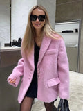 Supernfb Women Sweety Pink Lapel Wool Jackets Long Sleeve Single Breasted Pockets Coat Autumn Female Office Commuter Outwear