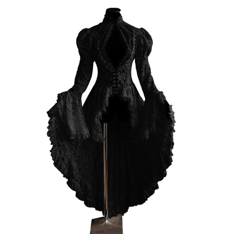 Supernfb Women Vintage Lace Victorian Dress Long Flare Sleeve Gothic Long Tail Pleated Hollow Out Dresses Halloween Retro Dress Cosplay
