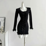 Supernfb Vintage Dress Women Black Sweet Lace Collar French Elegant Long Sleeve Dress Autumn New Knitted Mini Dress