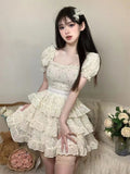 Supernfb Puff Sleeve Causal Sweet Dress Women Ruffles French Vintage Party Mini Dress Female Holiday Bow Cute Korean Fashion Dress
