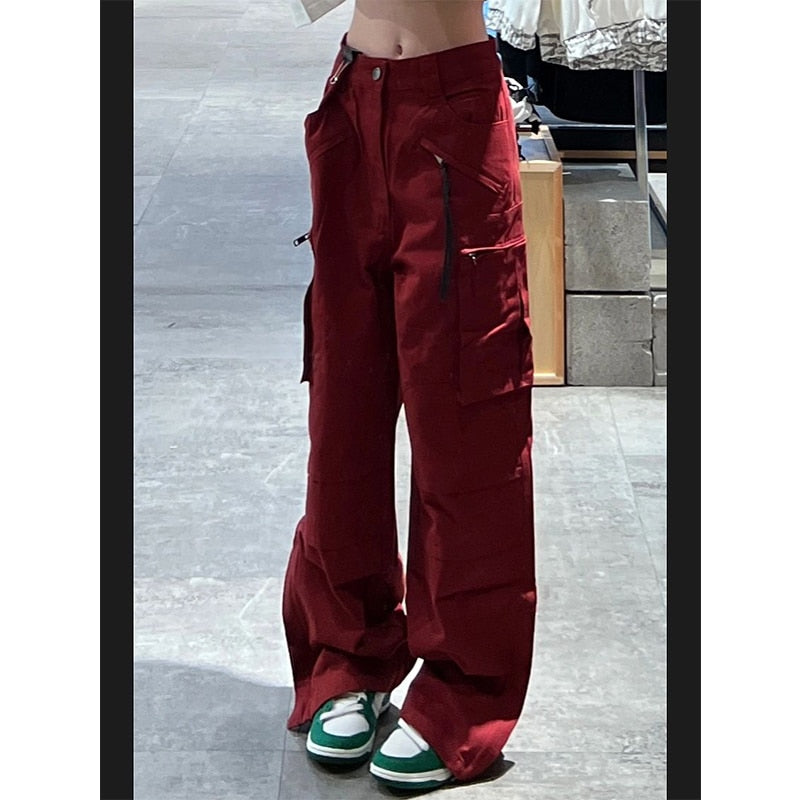 supernfb Women Bottoms Red Vintage Baggy Cargo Pants Fashion Pocket High Waist Straight Pants High Street Wide Leg Trouser Ladies Summer