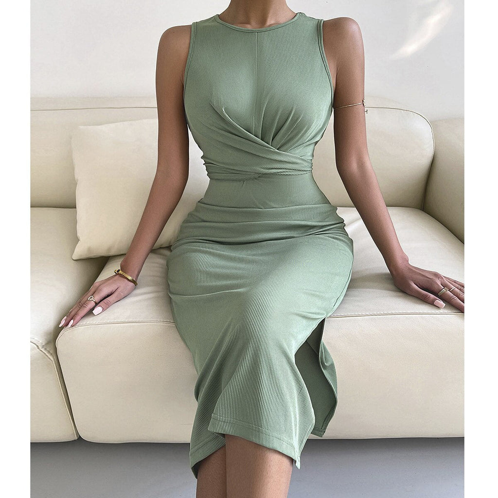 Supernfb Spring Summe Luxury Ladies Knitted Slit Sexy Light Dress Waist Collection Slimming Dress Lady Elegant Party Dress Women
