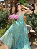 Supernfb Maxi Bohemian Dresses Woman Summer Green Strappy Sundress Female Fashion Casual Long Beach Sundress Chic Printed Boho Dress 2023