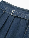 Supernfb Fashion Denim Skirts For Women With Belt High Waist Folds Midi Skirt Woman Streetwear Vintage Female Faldas Autumn Clothes