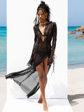 Supernfb Sexy V Neck Split Perspective Ruffle Drawstring Tight Beach Dress For Women Summer  Elegant Party Maxi Dress Vestidos A1942