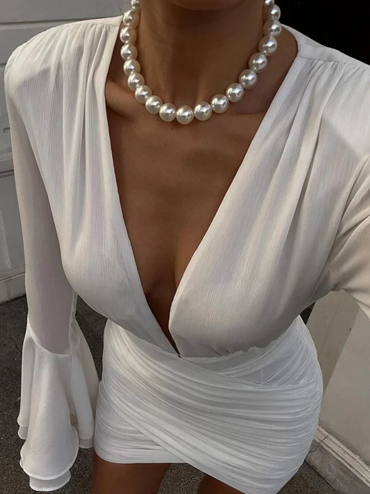 Supernfb White V-Neck Mini Bodycon Dress For Women Clothing Flare Sleeve Vestidos Elegantes Para Mujer Slim High Waist Fashion Outfits