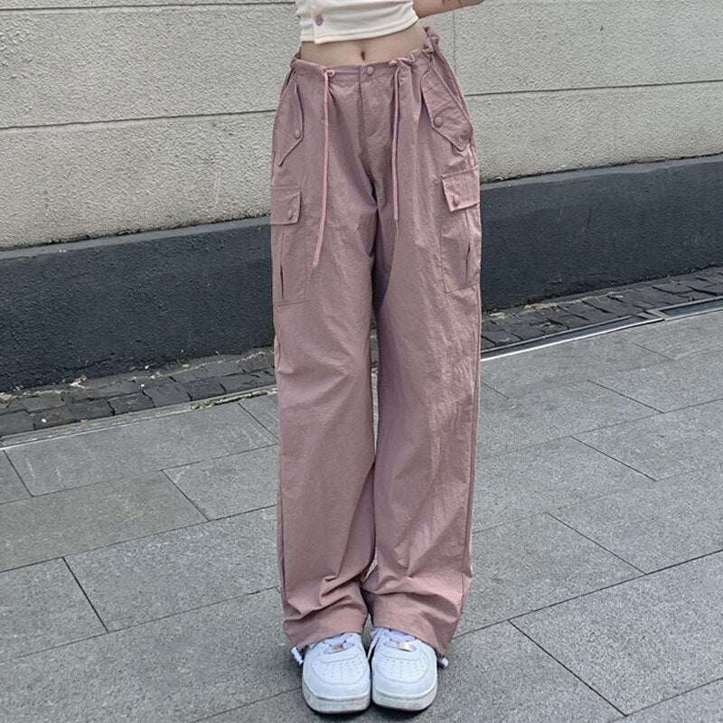 supernfb Pink Baggy Cargo Pants Y2K Low Rise with Big Pocket Relaxed Fit Combat Pants Women