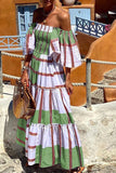 Supernfb Elegant Stripe Printed Dresses Summer Women Dress  New Slash Neck Short Ruffled Flare Sleeves Large Swing Maxi Dress