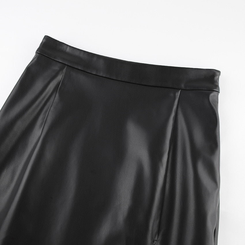 Supernfb Autumn Winter Women Sexy Midi Leather Skirts Solid Black High Waist Office Pencil Slit Skirt For Women