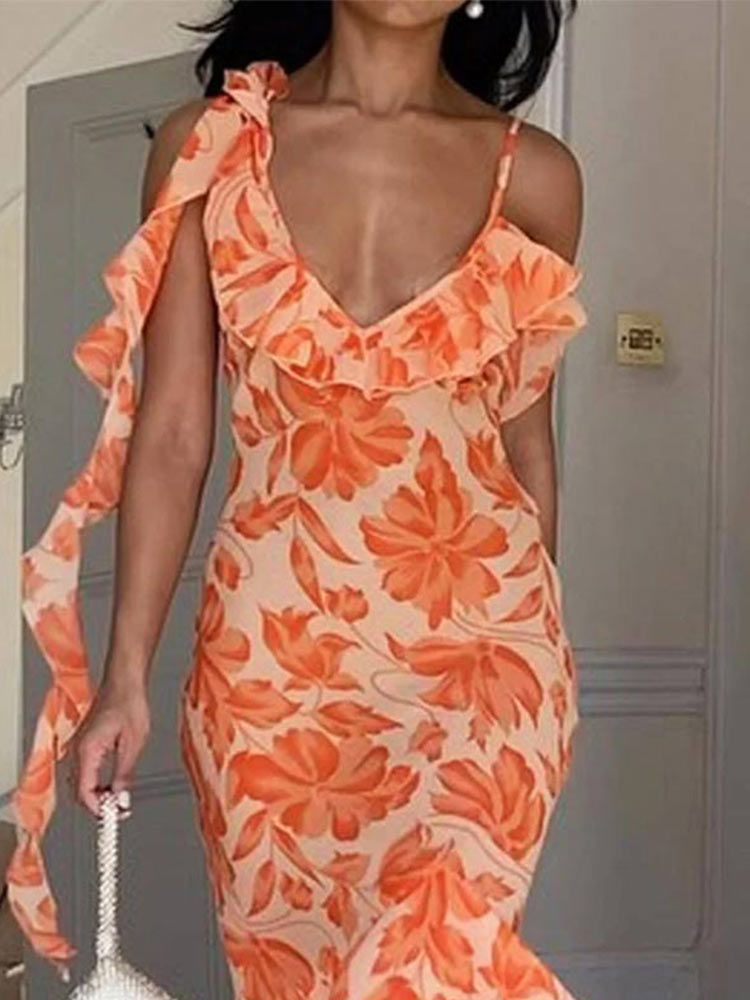 Elegant Sleeveless Slip Long Dress Women Floral V-neck Backless Ruffle Dresses Summer Fashion Slim Print Female Vestidos