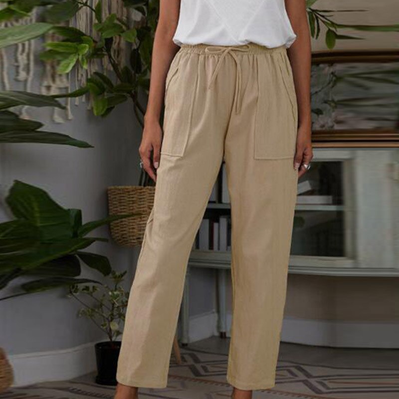 Supernfb Summer Women Casual Long Pant Fashion Lady Solid Mid Waist Cotton Linen Sweatpant New Arrival Slim Lace-up Pocket Trousers
