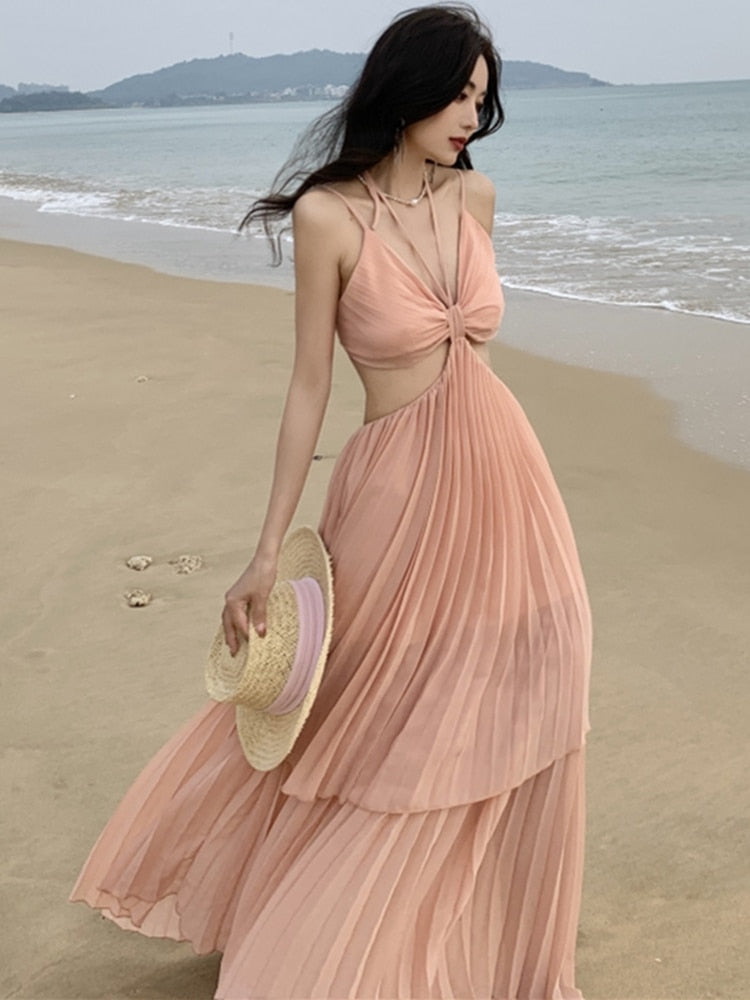 Supernfb Beach Long Dress Women Summer Sleevess Party Pleated Spaghetti Strap Sundress Sexy A-line Casual Female Clothes Dresses